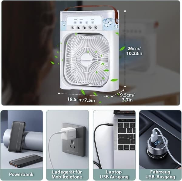 5-i-1 mini luftkøler – bærbar ventilator & mobil mini luftkøler med LED & 3 hastigheder