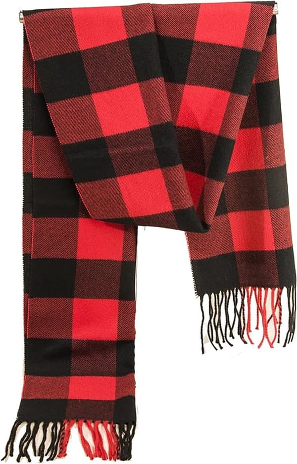 Dame tørklæde med tern, blød imiteret kashmir polyester, varmt design med frynser til vinter udendørs brug, rød sort, 35 x 190 cm