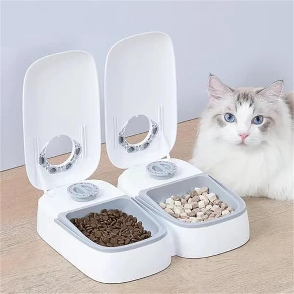 Automatisk kattmatsdispenser med 2 fack – 48 timmars timer, kyld dispenser för våtfoder - Djurmatsdispenser