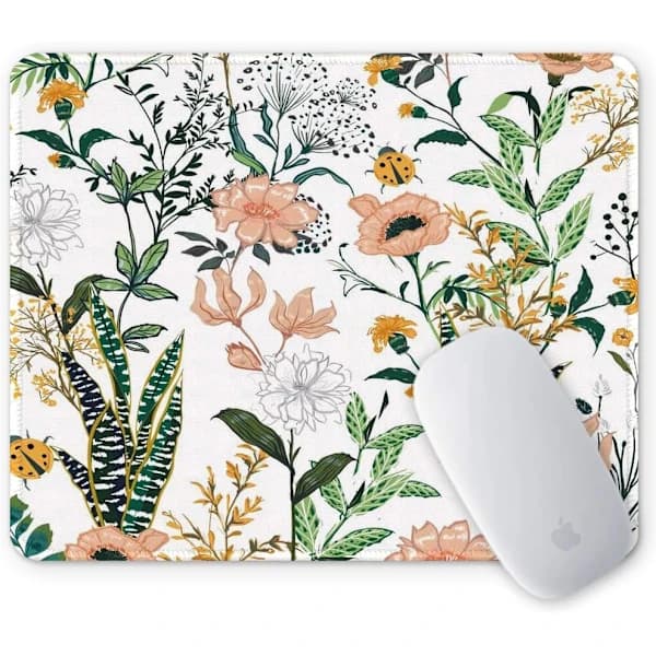Floral Mouse Pad with Art Design, Small Custom Mousepad for Gaming, Computer, Office Women Men, Non-Slip Rubber Base, Stitched Edge, Waterproof, Rectangle ...