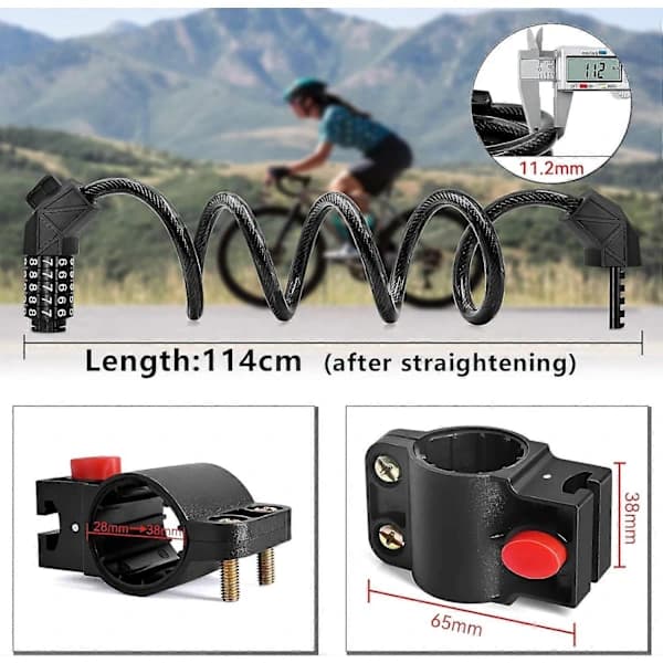 HA~Cykelkombinationslås med 5-siffrig kod, Högsäkerhet cykellås 114cm/11.2mm, Cykellås för cykel utomhus (Svart)