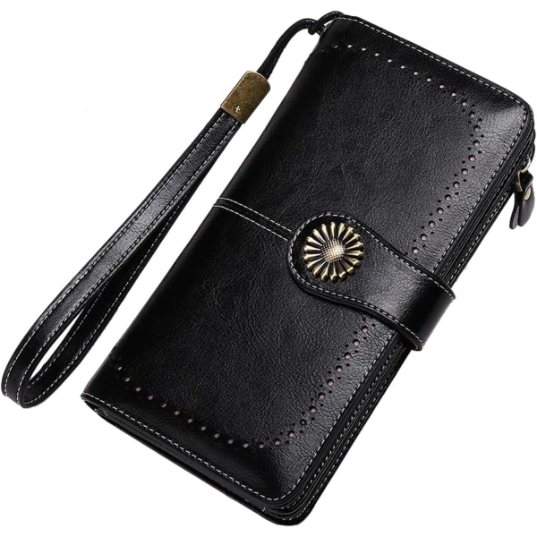 RFID blockerande plånbok i äkta läder för kvinnor - korthållare, svart, 19x10x3cm