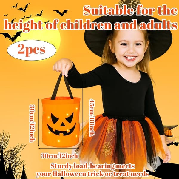 LED Halloween Slikspande, Genanvendelige Polyester Græskar Trick Or Treat Tasker, 2-pak Til Halloweenfester, Orange, 30 x 25 cm