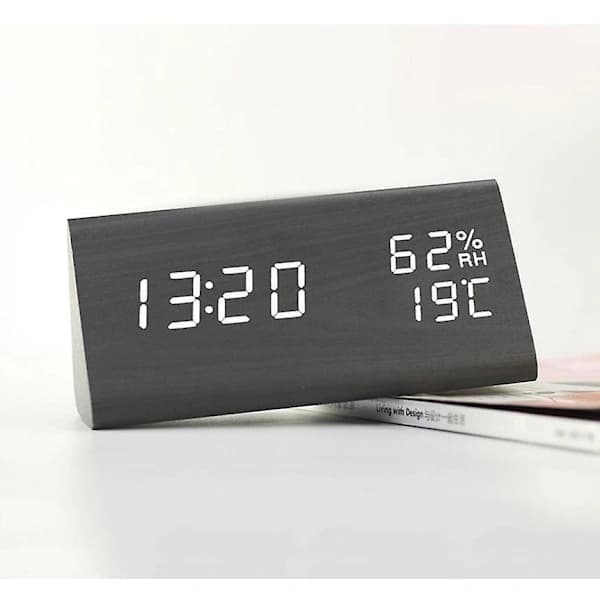 Digital väckarklocka, skrivbordsklocka med nattlampa, datum, röststyrning, träklocka, intern temperatur