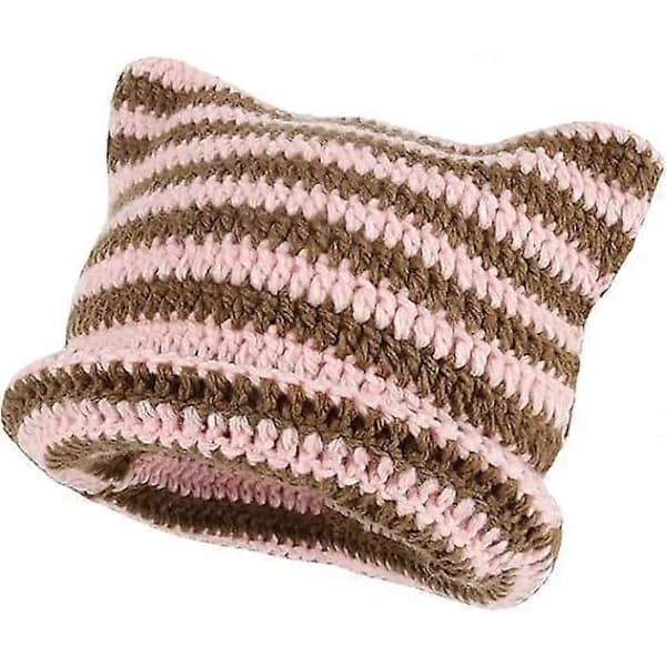 Dame Kattehatt Heklede Luer med Ører Strikket Vinter Varm Elastisk Lue Slouchy for Jenter Voksne Barn