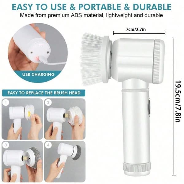 Electric Cleaning Brush with 5 Replaceable Heads - USB Charging, IPX6 Waterproof, White
