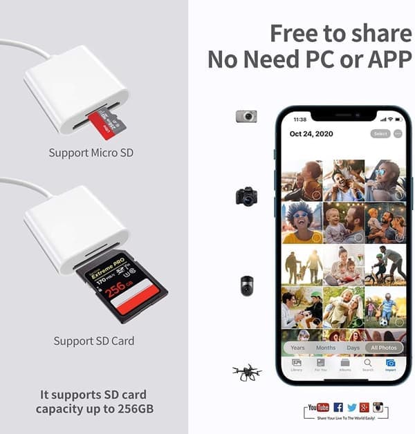 Kortlæser - Lightning til SD/TF-kortlæser - 2-i-1 Lightning til SD-kortlæser til iPhone