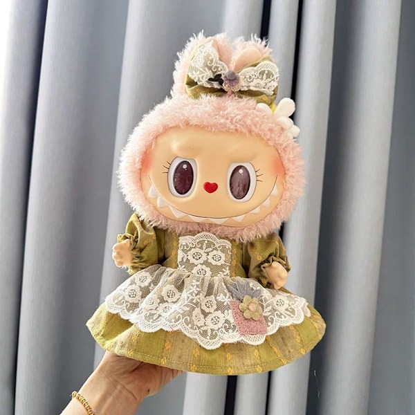 [HH] 38cm Labubu Tyg Emalj Plyschdocka Babykläder JD Japansk Blå Spetskjol Set Stor Baby Labubu Kläder Yellow