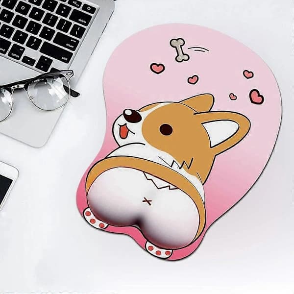 HA~3D Musematte med håndleddsstøtte, Ergonomisk myk silikongel gamingmusematte, Søt Corgi Hund Anime Musematte for PC Laptops (Rosa)
