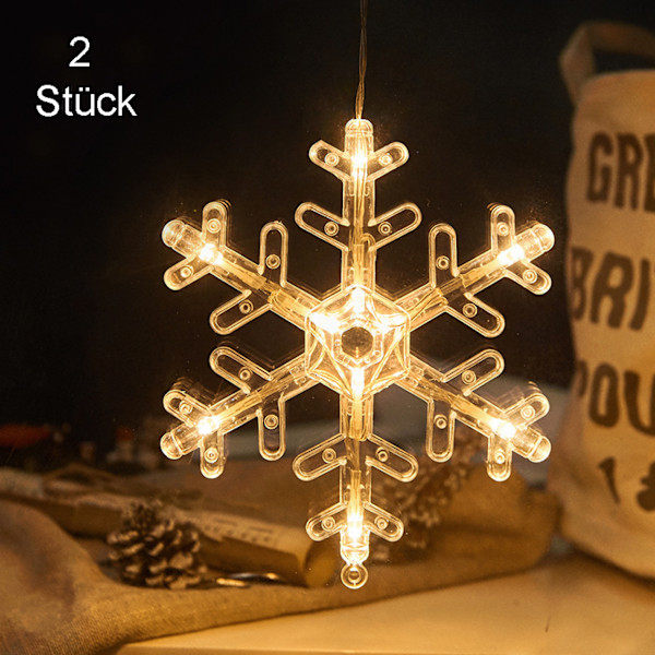 /HH/ Set med 2 fönsterdekorationer - Hängande fönsterlampor med sugkopp, LED varmvit, batteridriven julbelysning, snöflinga
