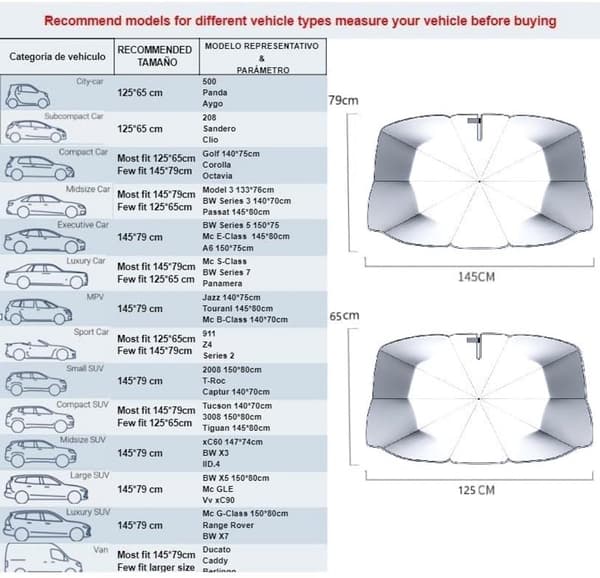 Bilforrude solskærm med opbevaringstaske, 125 x 65 cm, til hatchbacks og coupéer, grå