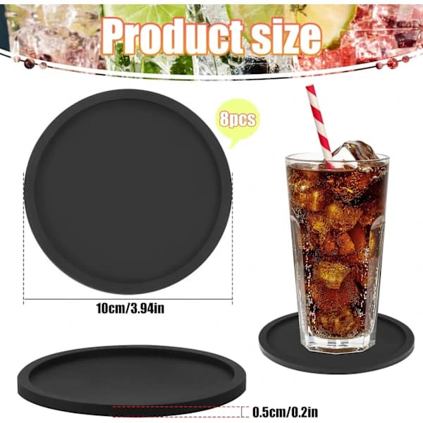 HA~8 stk. sorte bordskånere, tykt design (0,5 cm) runde kopunderlag, silikoneunderlag til drikkevarer, kaffeplader ølbarmåtte (sort)