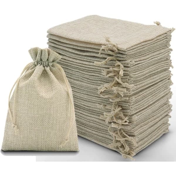 30 st dragsko-linnepåsar, linneförpackningspåsar, gula jutepresentpåsar smyckespåsar 10*15 cm