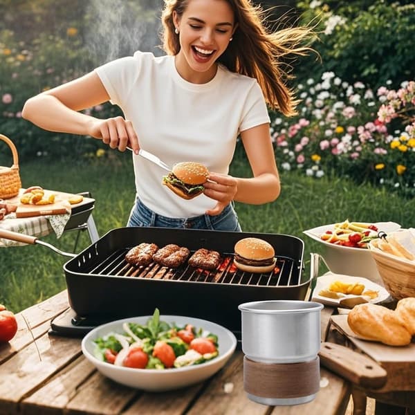 Campingkopper i rustfritt stål, sett med 6, 304 stål med trehylser, stablebare 300 ml kopper for piknik, reise og fester