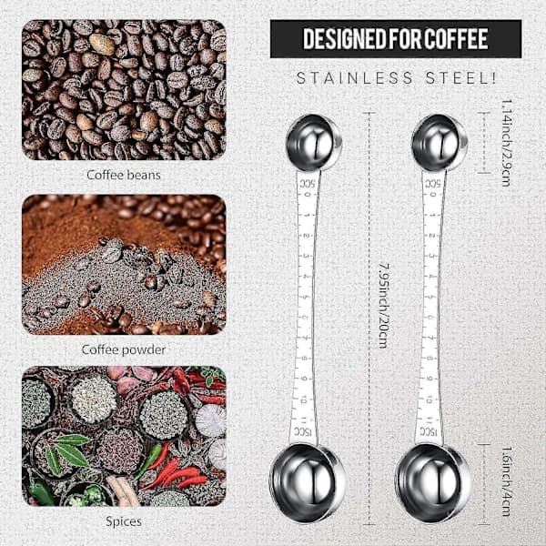 HA~2 stk. Markerede Kaffemål, 1 spsk. & 1 tsk. Kaffemåleskeer i Rustfrit Stål til Malet Kaffe, Kaffebrygning, Te, Sukker & Mælk, 5 ml & 15 ml