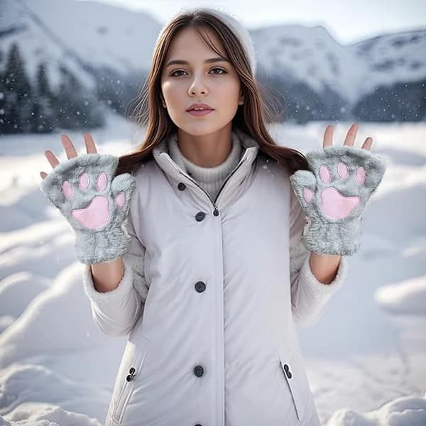 Kattklo Björntass Fingerløse Vinter Plysjhansker grå