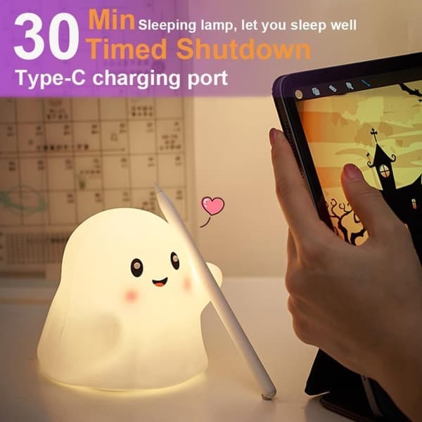 Spooky Silicone Night Light for Kids - White Ghost Shape with 13 Interactive Sound Effects - 11.5x11.5x10.5 cm