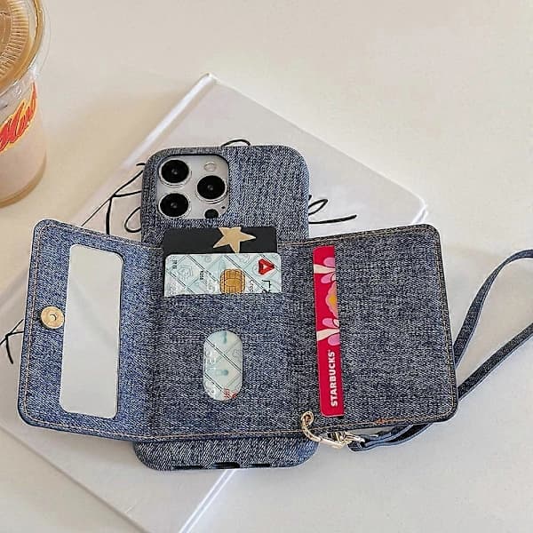 Fodral for iPhone 16 Pro Max med kortlomme, speildesign, lærbakside og rem