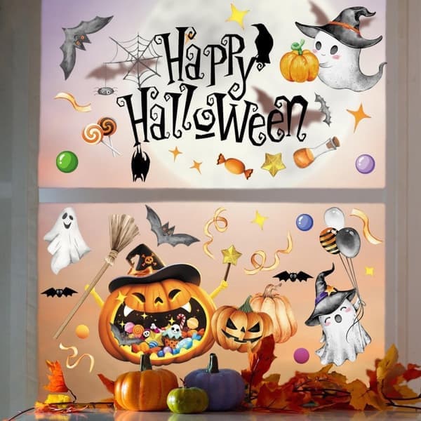 Halloween Stickers - Ghost, Spider Web, Pumpkin, Bat - 4 Window Clings - 30x20 cm - Double Sided