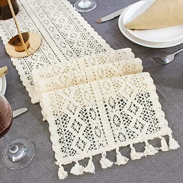 HA-9,5x 180 cm Beige Makramé Bordløper Rektangulær Heklet Blonde Elegant Hul Mesh Bordduk for Rustikk Boho Bryllupsdekor Brud