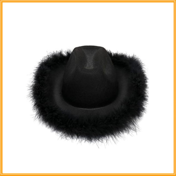 /HA/1 sort cowgirl hat med fjerboa, fluffy fjerbræmme, cowboyhat i voksenstørrelse til mænd og kvinder