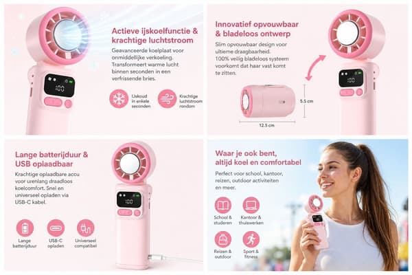 Sammenfoldelig halsventilator med iskøling, støjsvag USB genopladelig håndfri bladløs ventilator til studerende, rejser og udendørs, pink