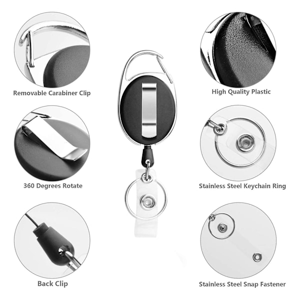 10-pack Retractable Badge Reel med karbinhake, bältesklämma och nyckelring för ID-kort, nyckel, nyckelring