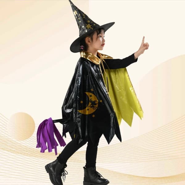 Troldmandskappe sæt - Sort og guld stjernemantel - Rollespilskostume til børn - Halloweenudklædning