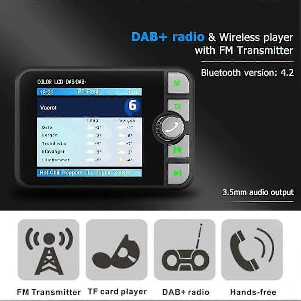 Budget DAB+ Biladapter | Bluetooth/FM/SD-kort 3-i-1 | DIY-installation på 2 minutter | Inkluderer beslag & 3m antenne