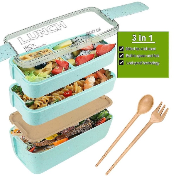 Bento Box Lunchlåda, 3 i 1 Fack Behållare, Läckagesäker Ekologisk Stapelbar -aya