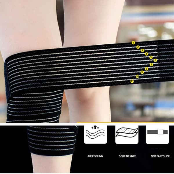 Elastisk kompressionsknæbandage, 180 cm, justerbar støtte til sport og daglig brug, sort