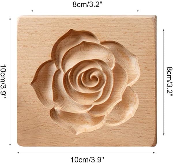 Kakeform i tre, solid bøkegravert rosedesign for pregede kaker, dekorativ baking, naturlig tre, 10 x 8 x 2 cm