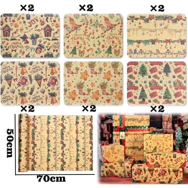 Julklappspapper, 12 ark julklappspapper, Kraftpapper för julklappar, Återvunnet kraftpapper för julklappar 70x50CM