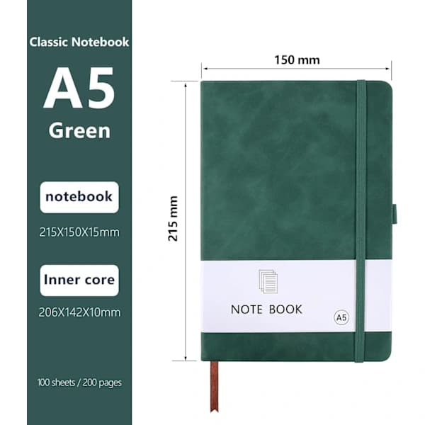 HA~A5 Notesbog, PU Læder Notesblok til Kontor Skole Hjemme Virksomhed Skrivning & Noter 200 Sider (100 Ark) - Grøn