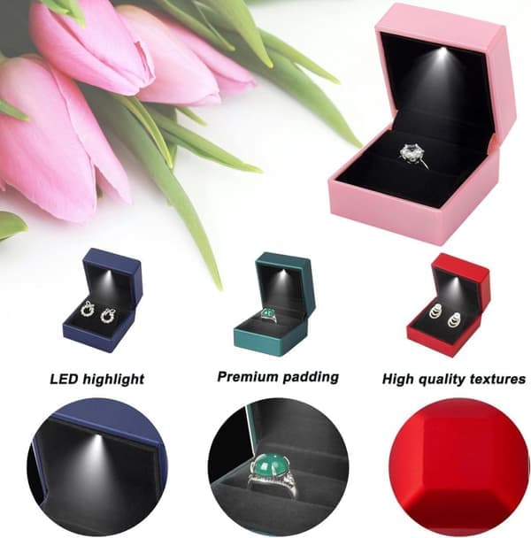 Luksuriøs ringæske med LED-lys – Fløjl & Mat overflade – Til forlovelse, bryllup, jul & Valentinsdag