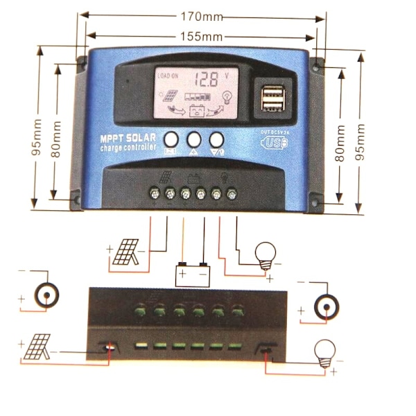 Solcellsladdningsregulator 12/24V-30A, 36/48/60V-100A Solpanel Laddningsregulator Fotovoltaisk Panel med LCD-display LED Gatubelysning