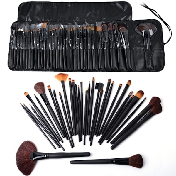 /HH/32 stk. professionelle makeupbørster af ægte gedehår i læderetui Black Sort