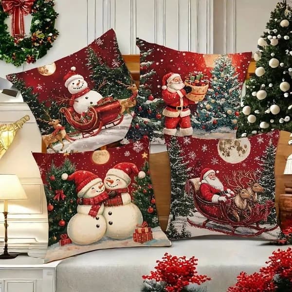 4-pack Juldekorations Kuddfodral 45x45cm, Polyester med Dragkedja, Dekorativa Kuddfodral för Soffa & Hem