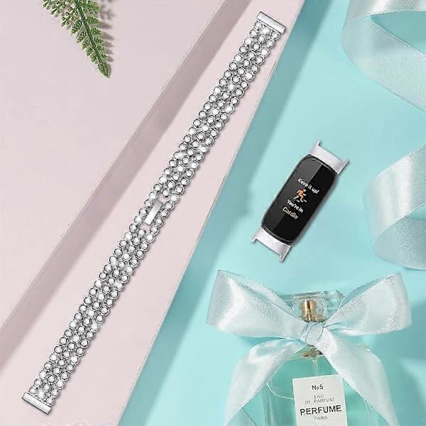 Rundt Rhinestone Rustfrit Stål Urrem Metalarmbånd til Fitbit Luxe - Sølv []