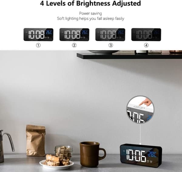 Bærbar Spejlvækkeur - LED-temperaturdisplay - 4 niveauer
