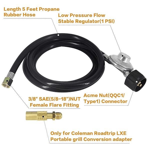 5ft Propangasslange og regulator erstatningssett for Roadtrip Grills, qcc1 lavtrykks propan