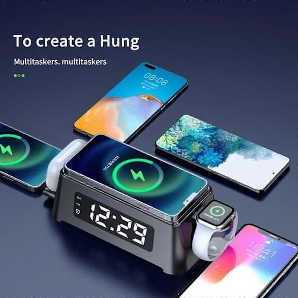 HA-4 i 1 Digital Skrivebords-Alarmklokke-Termometer-Qi-Trådløs-Lader For Iphone dt FP Hemp grain panel