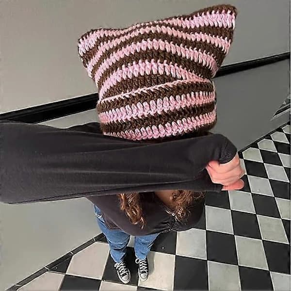 Dame Kattehatt Heklede Luer med Ører Strikket Vinter Varm Elastisk Lue Slouchy for Jenter Voksne Barn