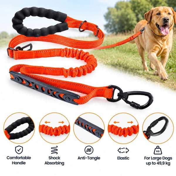 Hundetræningssnor, elastisk stødabsorberende og anti-sammenfiltring, 1,9 m, til store hunde op til 49,9 kg, orange