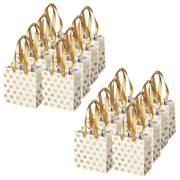 Små presentpåsar med bandhandtag Guld Mini presentpåse, (metalliska prickar 16-pack bulk)