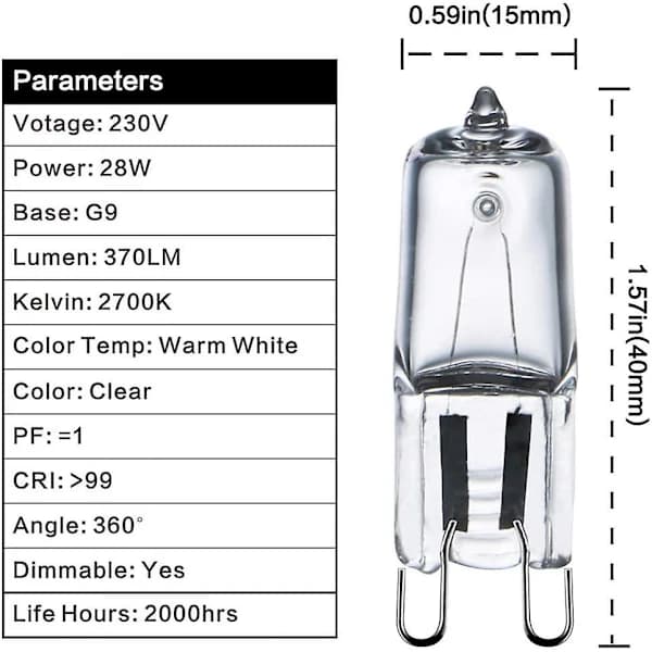 HA-10 stk G9 28w/40w Dimbar 370 Lumen C-klassifiserte Halogenlamper