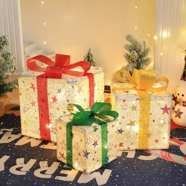 Christmas Decorations 3-Pack LED, Luminous Gift Boxes with Remote Control & 8 Lighting Modes