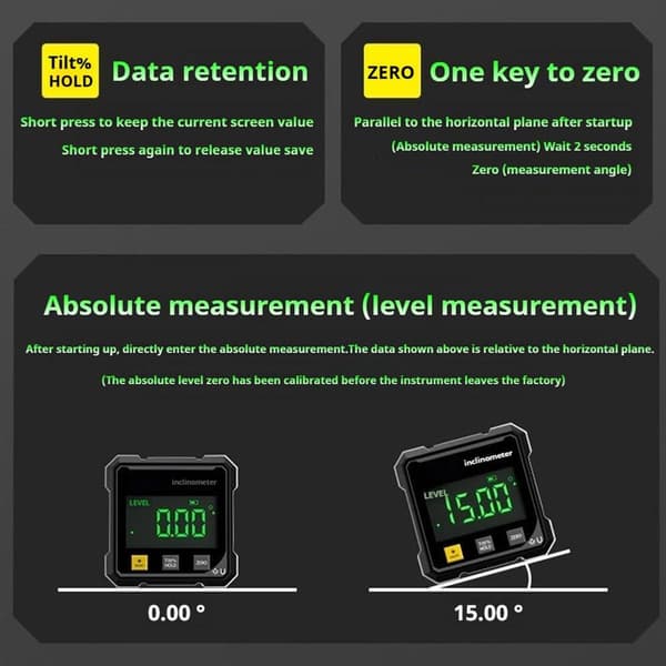 Digital vinkelmåler inklinometer, firesidet magnetisk base, baggrundsbelyst display, USB-opladning, til træbearbejdning og bordsave, sort