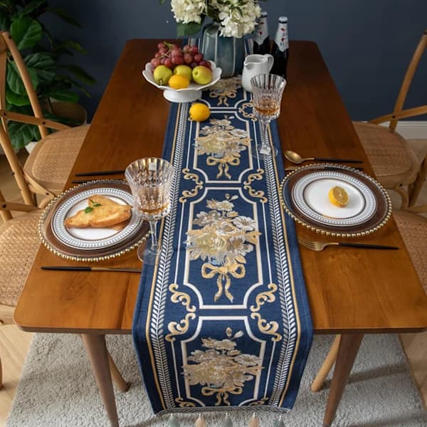 Luksuriøs bordløper med flere dusker, lang elegant brodert jacquard bordløper kommode skjerf (blå, 14x55 tommer)