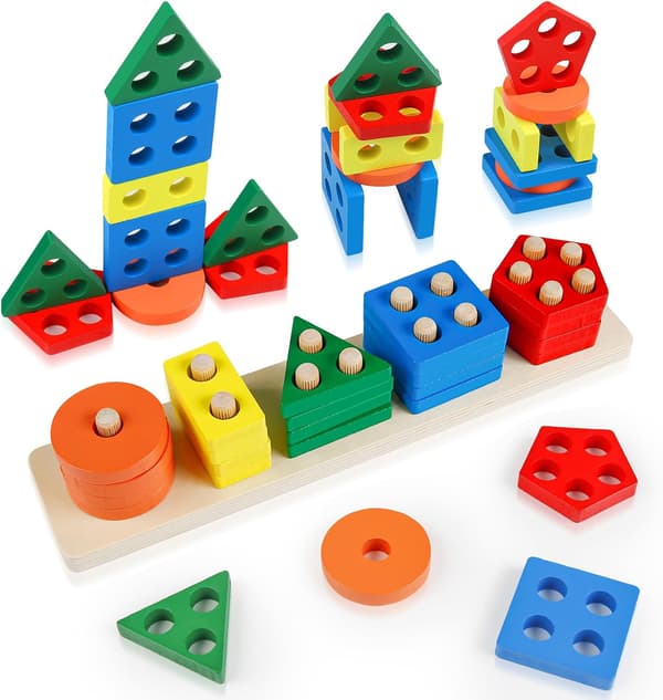 Montessori legetøj til 1-3 år, 20 træstykker til stabling og sortering, stykpuslespil, formklassificering, stykker, sortering og stabling legetøj